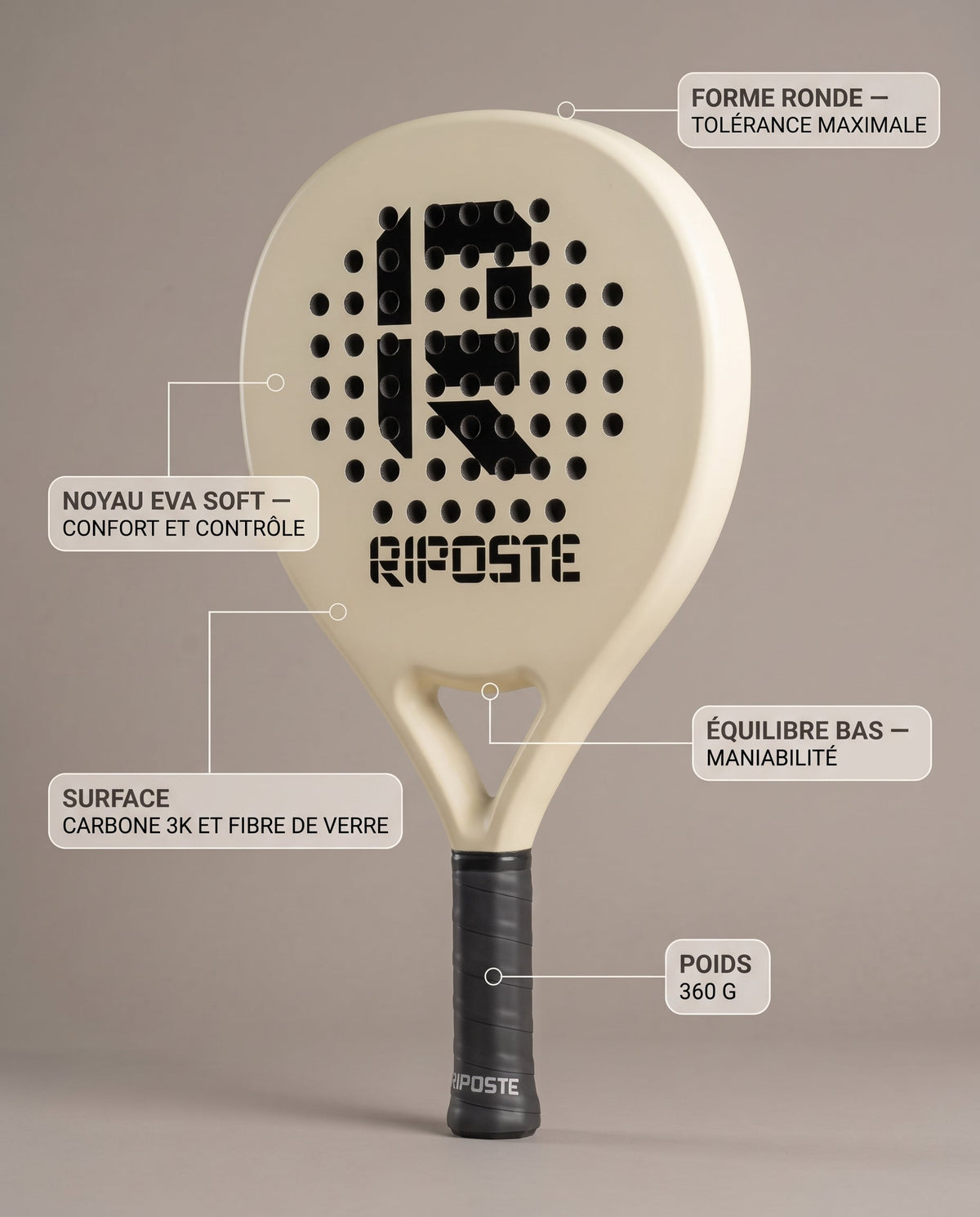 Raquette de padel Riposte Ronde crème, caractéristiques : carbone 3K et fibre de verre, noyau EVA soft, équilibre bas, 360 g