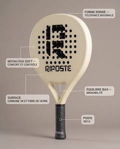 Raquette de padel Riposte Ronde crème, caractéristiques : carbone 3K et fibre de verre, noyau EVA soft, équilibre bas, 360 g