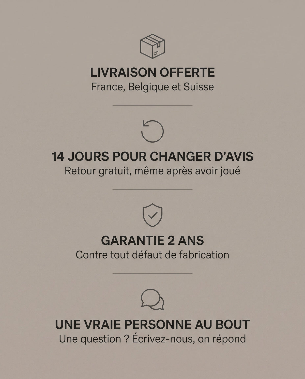 Livraison offerte, 14 jours pour changer d'avis, garantie 2 ans, service client Riposte