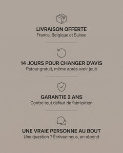 Livraison offerte, 14 jours pour changer d'avis, garantie 2 ans, service client Riposte