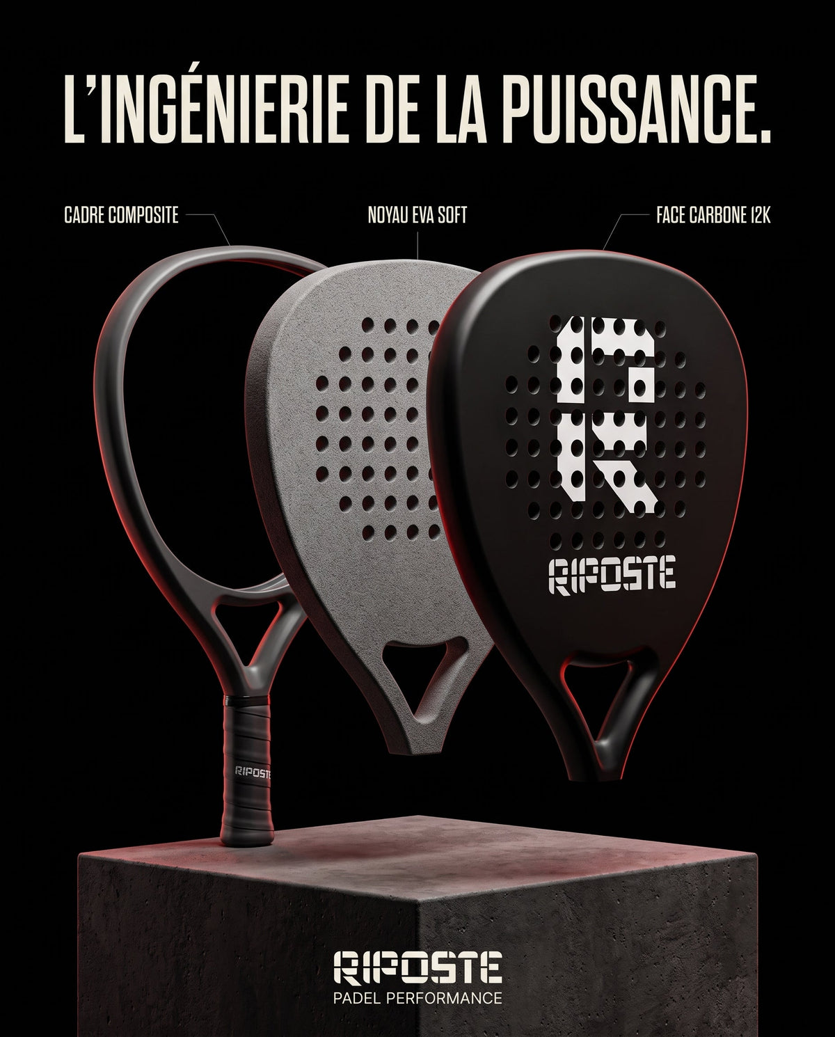 Vue en coupe de la raquette Riposte Goutte : cadre, noyau en mousse EVA et surface carbone