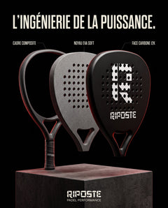 Vue en coupe de la raquette Riposte Goutte : cadre, noyau en mousse EVA et surface carbone