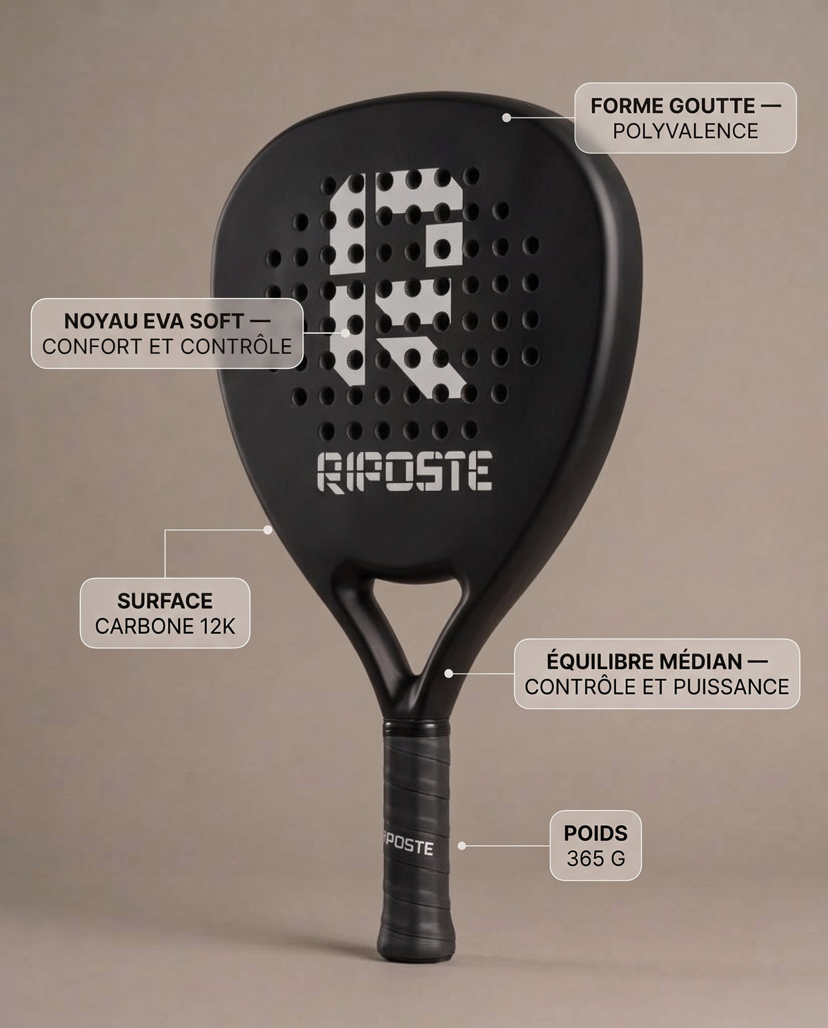Raquette de padel Riposte Goutte noire, caractéristiques : carbone 12K, noyau EVA soft, équilibre médian, 365 g