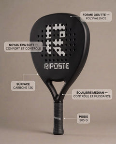 Raquette de padel Riposte Goutte noire, caractéristiques : carbone 12K, noyau EVA soft, équilibre médian, 365 g